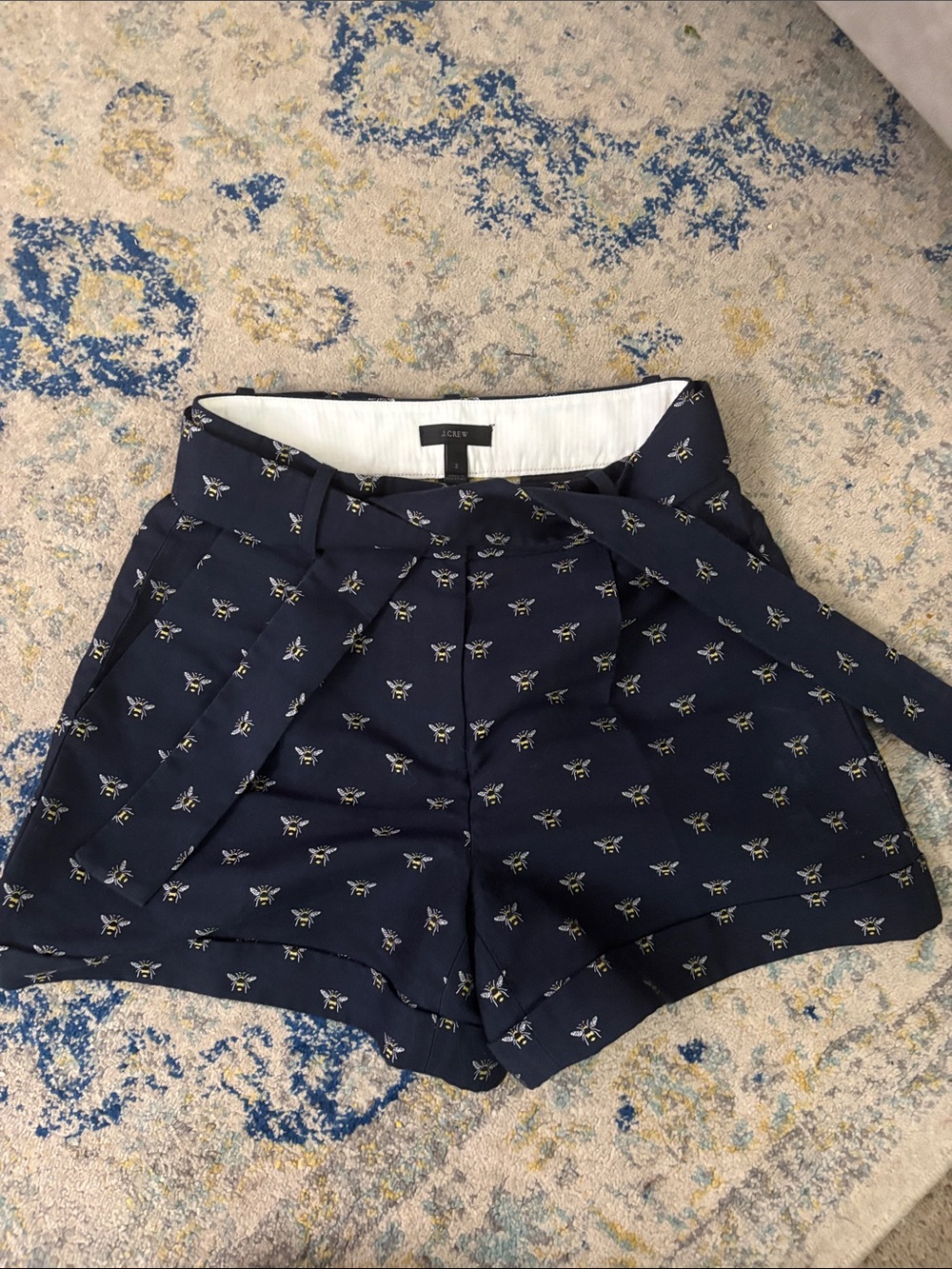 J. Crew Navy Floral High-Waist Tie-Belt Shorts